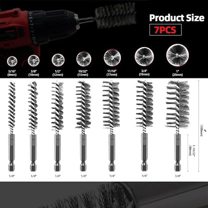 ASNOMY 7Pcs Wire Bore Brush for Drill, 5/16"-1” Stainless Steel Copper Pipe - Image 5