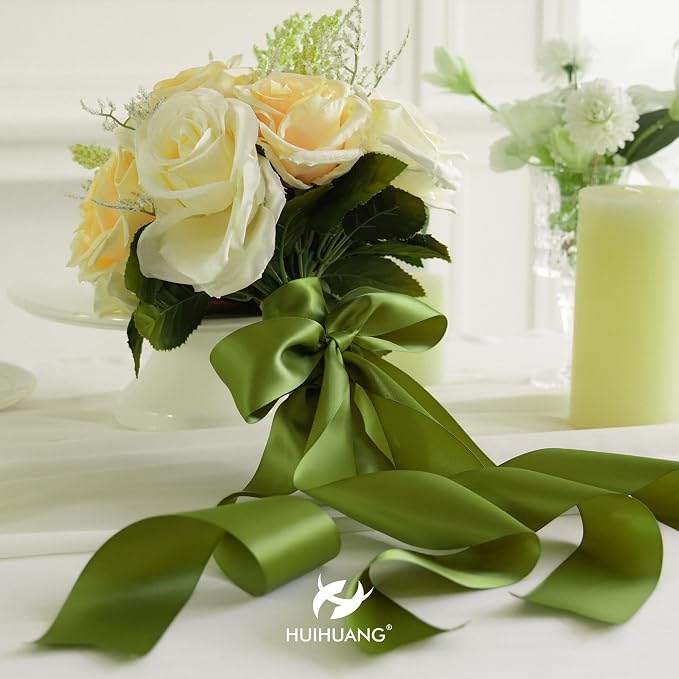 HUIHUANG Olive Green Ribbon 2 inch Wide Double Faced Satin Ribbon Green Ribbon - Image 3
