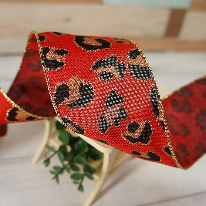 CT CRAFT LLC Burlap Leopard Fabric Wired Ribbon 2.5" x 10 Yards Red - Image 5