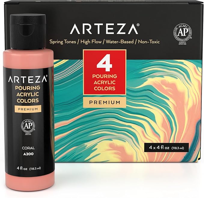 ARTEZA Acrylic Pouring Paint Set, 4 Spring Colors, 4 oz Bottles, High-Flow Paint by ARTEZA