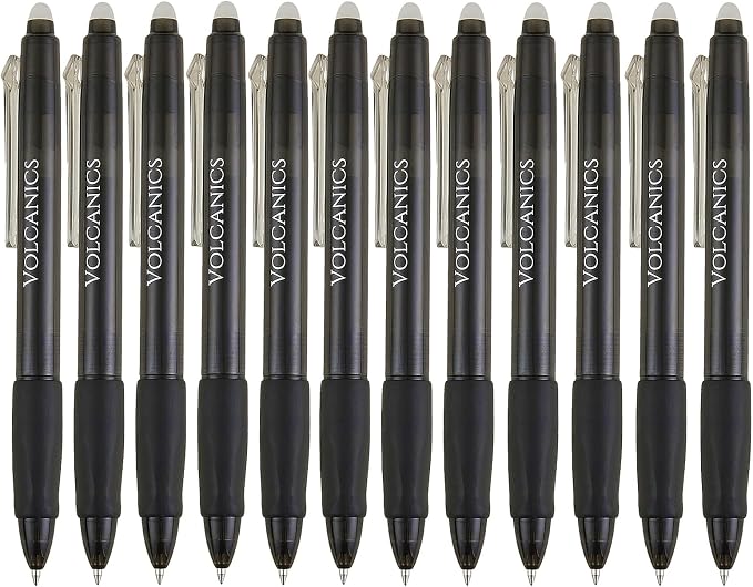 Volcanics Retractable Erasable Gel Pens Black 12 Pack, Click Erasable Gel Ink by Volcanics