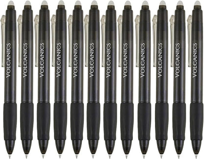 Volcanics Retractable Erasable Gel Pens Black 12 Pack, Click Erasable Gel Ink by Volcanics