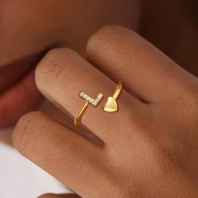 Gold Initial Rings for Women Girls, Dainty 14K Gold Plated Adjustable Initial - Image 4