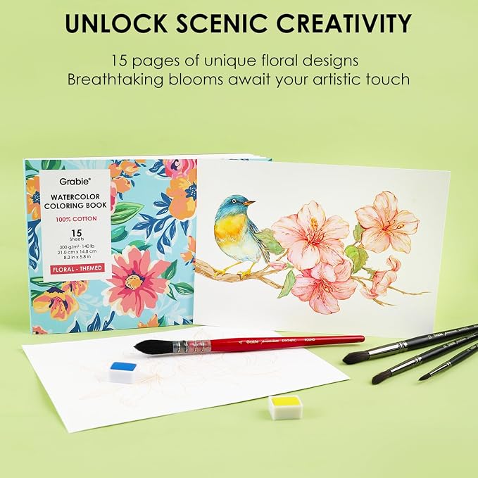 Grabie Watercolor Coloring Book, 15 Sheets Art Pad A5, Cotton Watercolor Book - Image 2