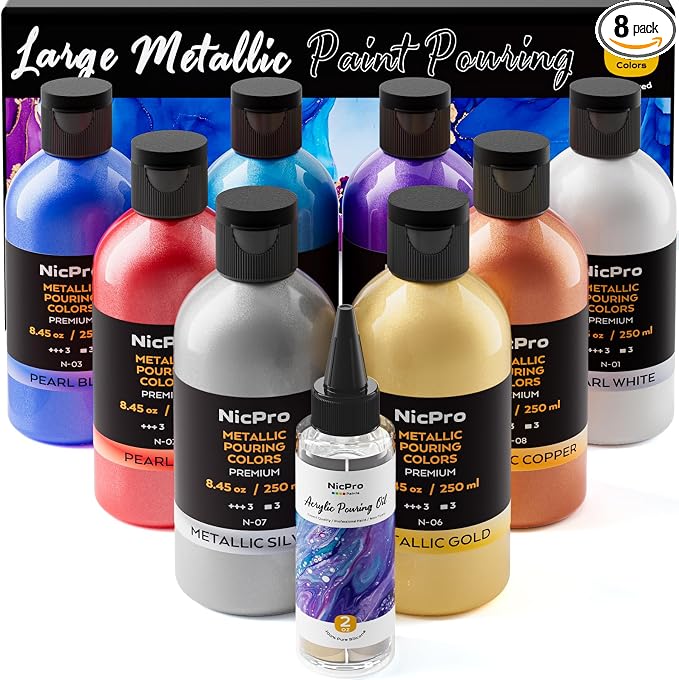Nicpro 8 Colors 8.45oz Metallic Acrylic Pour Paint Supplies Kit, Large Volume by Nicpro
