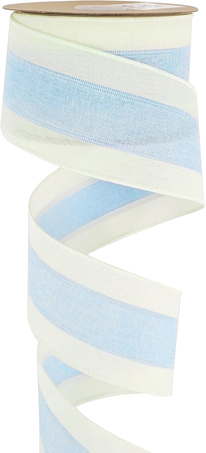MEEDEE Blue and White Stripe Ribbon Wired Ribbon 2.5 Inch Light Blue Burlap by MEEDEE