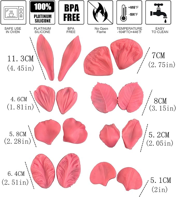 Gumpaste Flower Silicone Veiner Mold 8 Set, Fondant Flower Mold Leaf Tulip - Image 2