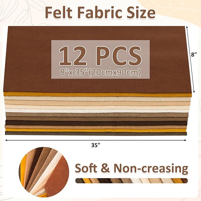 XSEINO 12 Rolls 8"x35" 1.4mm Thick Soft Felt Fabric Sheet 12 Assorted Brown - Image 3