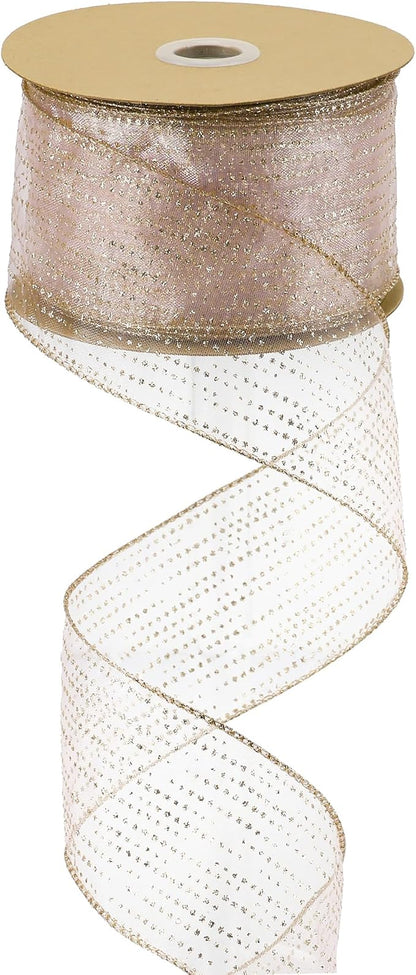 MEEDEE Rose Gold Sheer Glitter Wired Ribbon 2.5 Inch Horizontal Stripes Polka by MEEDEE