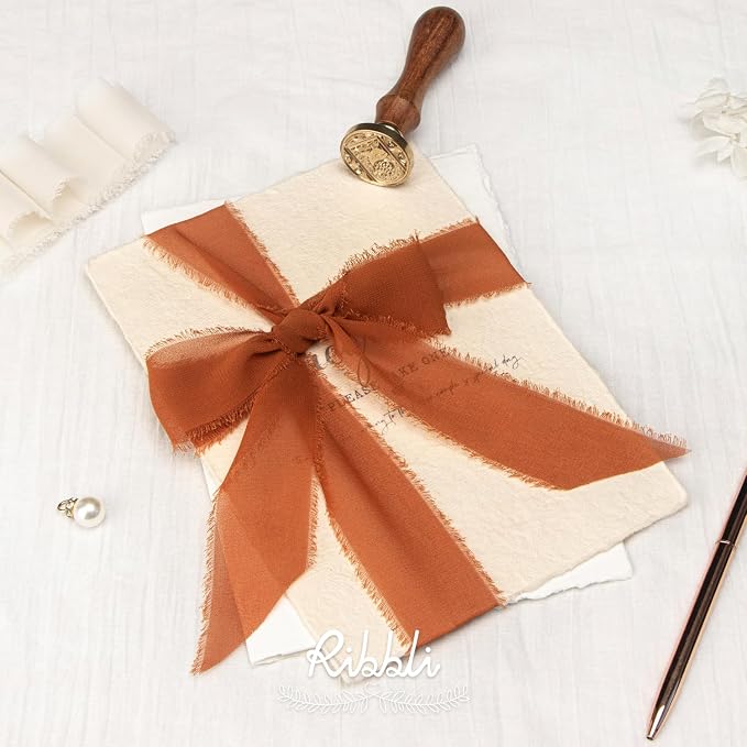 Ribbli Terracotta Chiffon Ribbon 1-1/2 inch x 20 Yard Handmade Fringe Chiffon - Image 3