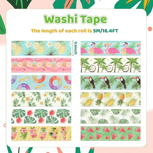 12 Rolls Fruits Washi Tapes, Hawaiian Leaves Cactus Masking Tapes, Colorful - Image 2