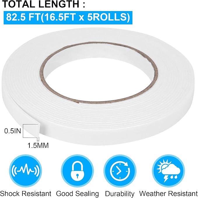 Double Sided Foam Tape 0.5In x 16.5FT 5 Pack, Mounting Tape Heavy Duty - Image 2