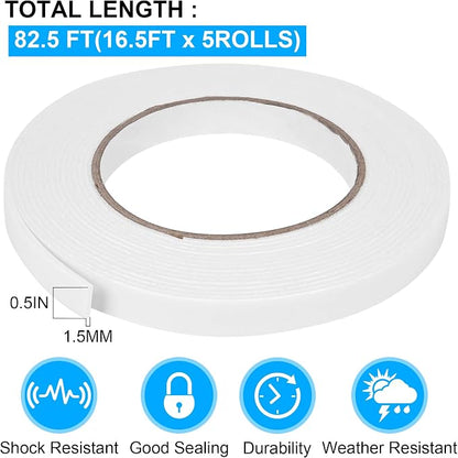 Double Sided Foam Tape 0.5In x 16.5FT 5 Pack, Mounting Tape Heavy Duty - Image 2