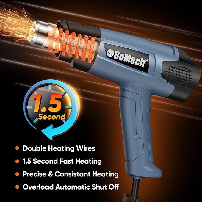 ROMECH 1500W Heavy Duty Heat Gun, Variable Temperature Control Hot Air Gun Kit - Image 3