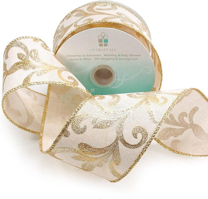 CT CRAFT LLC Tan Burlap Gold Swirl Wired Ribbon 2.5 Inch x 10 Yards - Image 3
