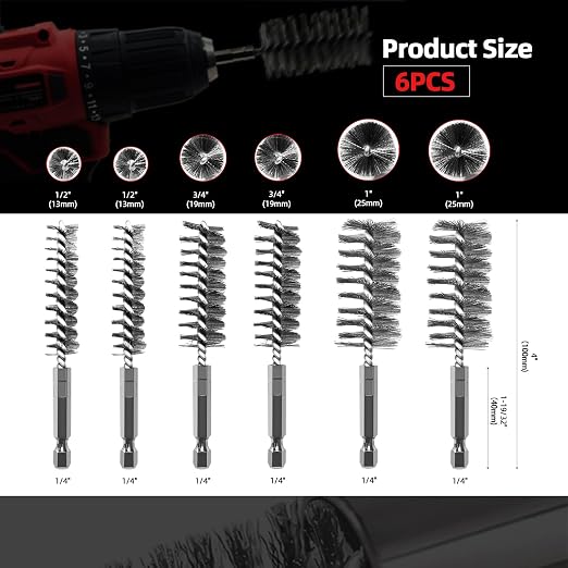 ASNOMY 6Pcs Wire Bore Brush for Drill, 1/2” 3/4” 1” Stainless Steel Copper Pipe - Image 5