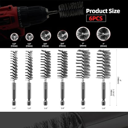ASNOMY 6Pcs Wire Bore Brush for Drill, 1/2” 3/4” 1” Stainless Steel Copper Pipe - Image 5
