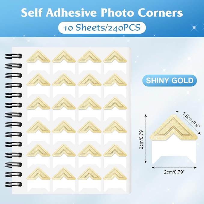GOONAVI 10 Sheets 240 PCS Shiny Gold Acid-Free Photo Corners Notebook, - Image 2