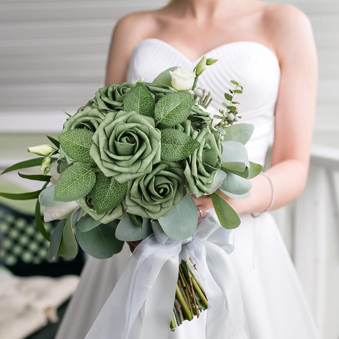 AmyHomie Artificial Flowers Green Rose 25pcs Real Looking Fake Roses w/Stem - Image 3
