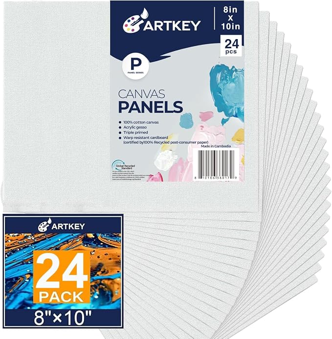Artkey Canvases for Painting 8x10 Inch 24-Pack, 10 oz Primed 100% Cotton White by Artkey