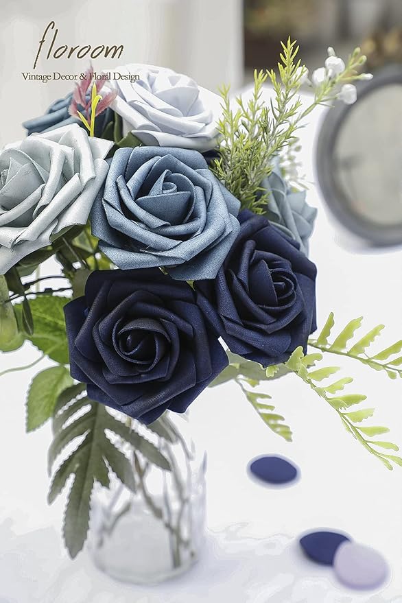 Floroom Artificial Flowers 25pcs Real Looking Blue Ombre Colors Foam Fake Roses - Image 5