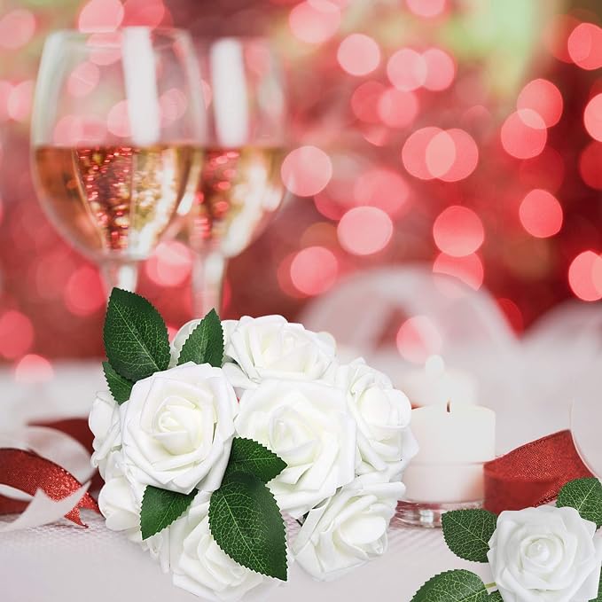 AmyHomie Artificial Flower White Rose 25pcs Real Looking Fake Roses w/Stem - Image 6
