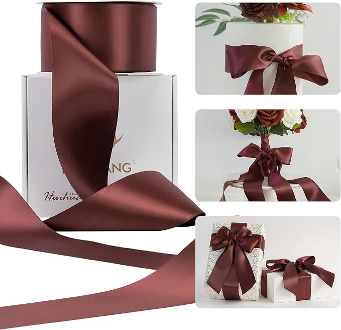 HUIHUANG Burgundy Ribbon 2 inch Double Side Burgundy Satin Fabric Ribbon by HUIHUANG