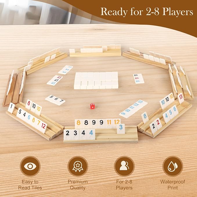 2-8 Players Rummy Game Set, 214 Melamine Tiles, 8 Wooden Racks, Drawstring Bag - Image 3