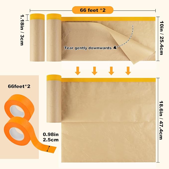 Pre-Taped Masking Paper for Painting, 2 Pack 18 inch x 66 Ft Masking Paper Roll - Image 2