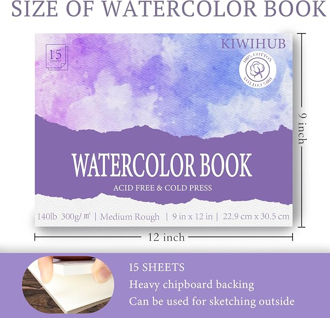 KIWIHUB Watercolor Paper Pad, 9 x 12 in, 100% Cotton, 140lb Medium Rough Artist - Image 2