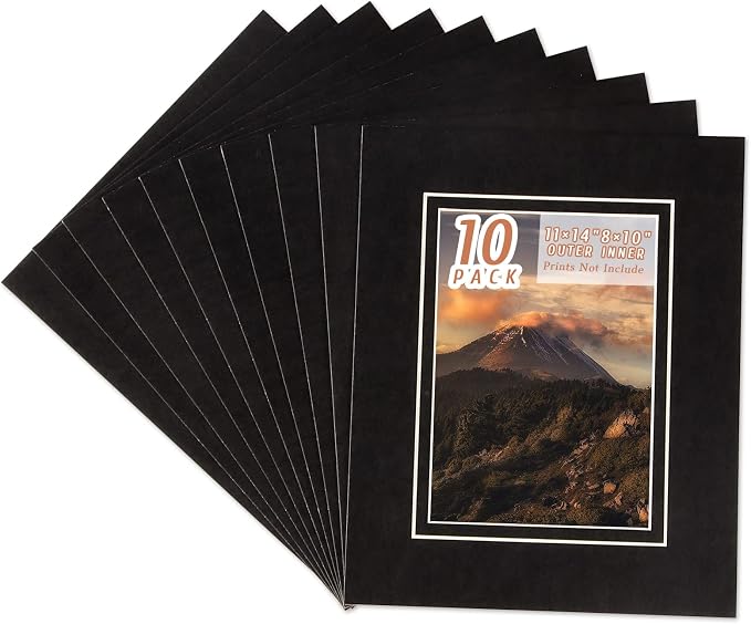 HOTUO 10 Pack Acid Free Black Picture Frame Mats, Pre-Cut 11x14 Picture Mats by HOTUO