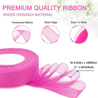 Pink Ribbon for Gift Wrapping, 1 inch 50Yard Sheer Organza Tulle Ribbon - Image 2