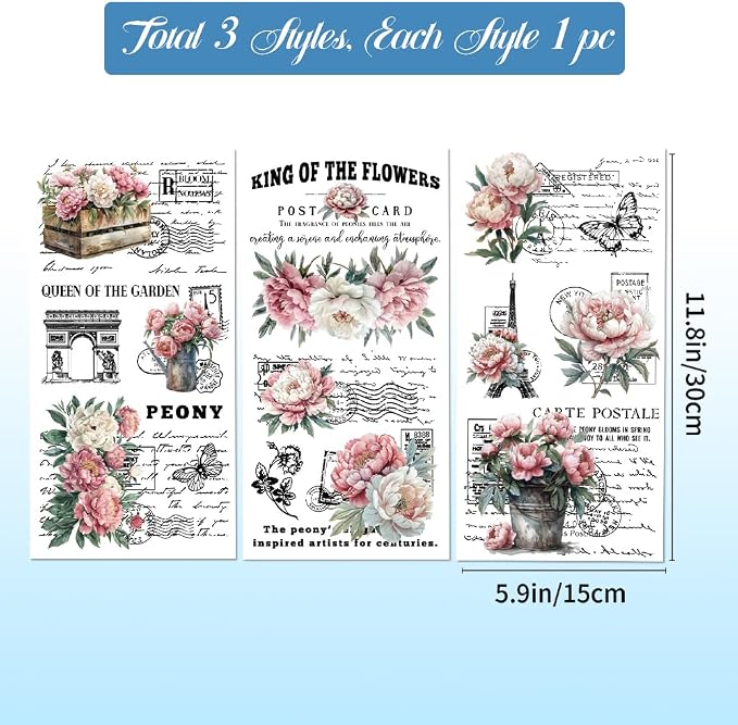 GLOBLELAND 3 Sheets Vintage Pink Peony Background Furniture Transfer 6x12inch - Image 2
