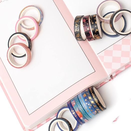 YUBX Skinny Galaxy Washi Tape Set 30 Rolls Gold Foil Decorative Starry Space - Image 8