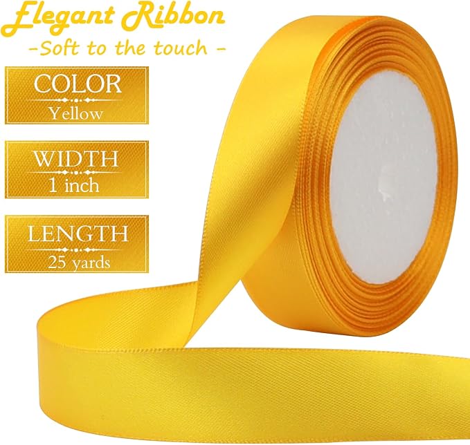 Yellow Solid Satin Ribbon 1 Inch 25 Yards Solid Polyester Fabric Ribbon - Image 2