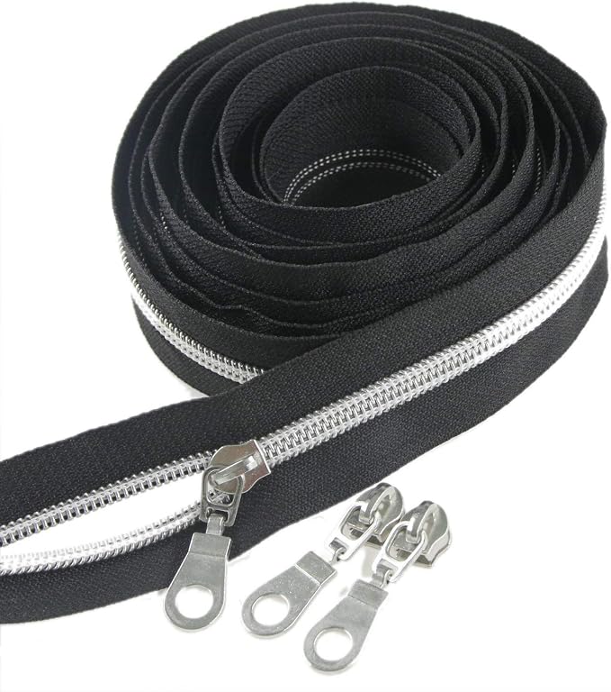 Leekayer #5 Silver Metallic Nylon Coil Zippers by The Yard Bulk 10 Yards Black by Leekayer