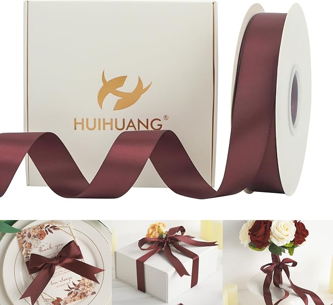 HUIHUANG Burgundy Satin Ribbon 1 inch x 50 Yards Dark Burgundy Double-Faced by HUIHUANG