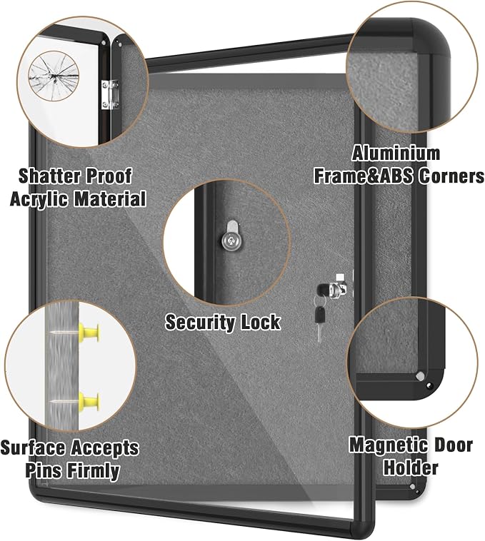 28"x26" Enclosed Bulletin Board, Lockable Weather-Resistant Aluminum Cork - Image 3