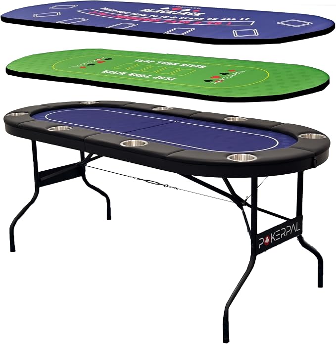 8 Player Poker Table with 2 Interchangeable Game mats, Texas Holdem Poker and by PokerPal