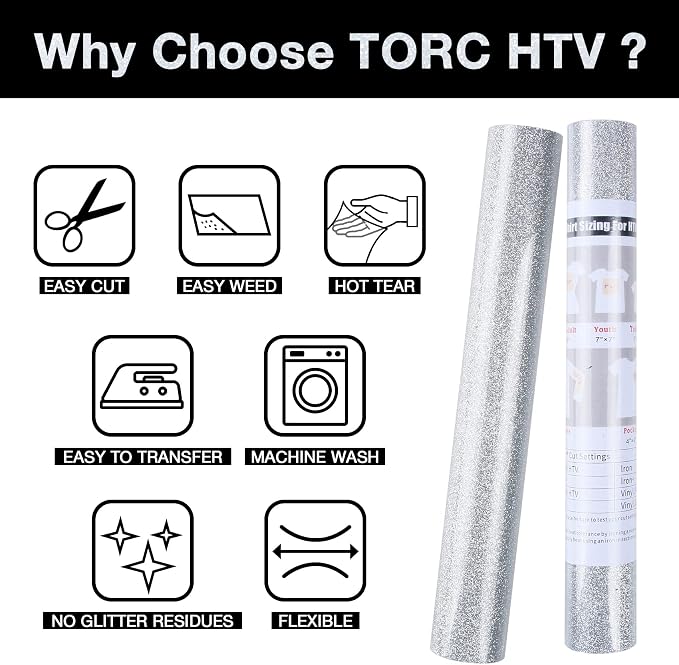 TORC Silver Glitter HTV Heat Transfer Vinyl Roll 12 inch x 5 ft Iron on Vinyl - Image 3