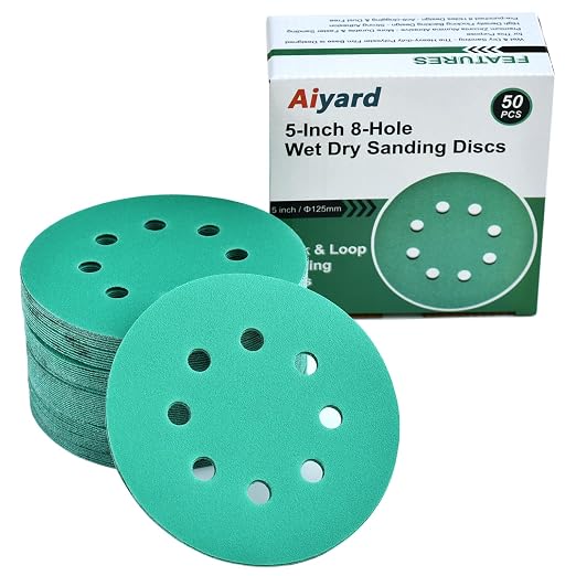 5-Inch 8-Hole Wet Dry Sanding Discs 180 Grit, Polyester Film Backed Heavy-Duty by Aiyard