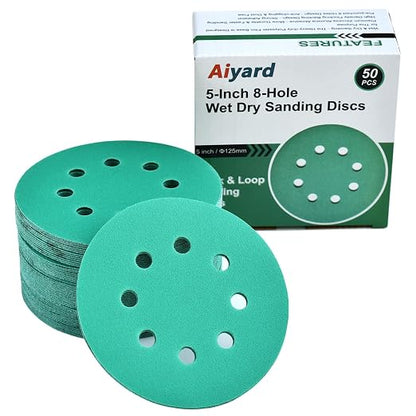 5-Inch 8-Hole Wet Dry Sanding Discs 180 Grit, Polyester Film Backed Heavy-Duty by Aiyard