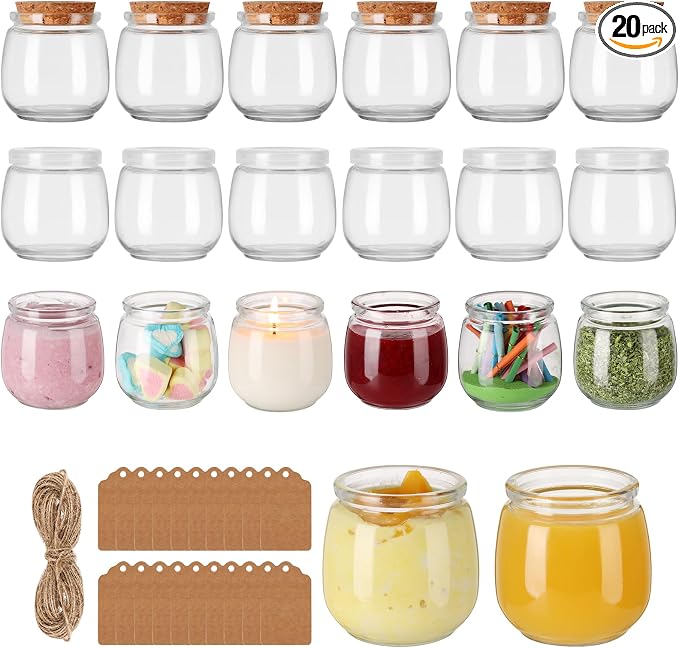 7oz Glass Jars with Cork & PE Lids 20Pack, Small Glass Pudding Jar by JaisieWDirect