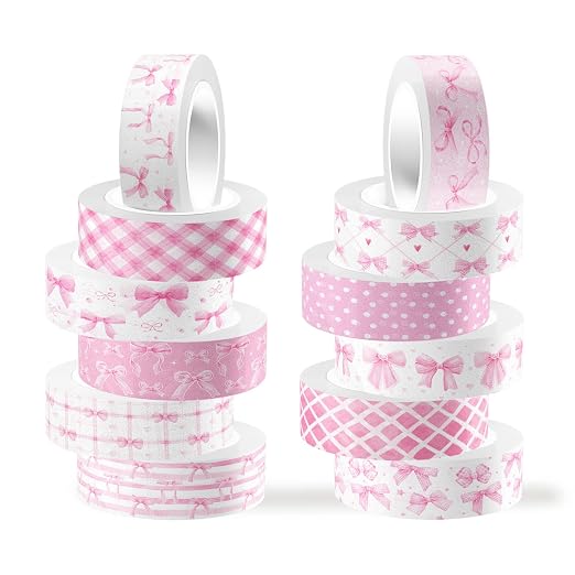 12 Rolls Pink Bow Washi Tape, Bowknot Plaid Adhesive Masking Tapes Decorative by Unknown