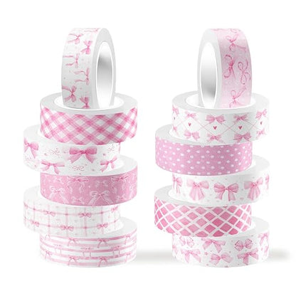 12 Rolls Pink Bow Washi Tape, Bowknot Plaid Adhesive Masking Tapes Decorative by Unknown