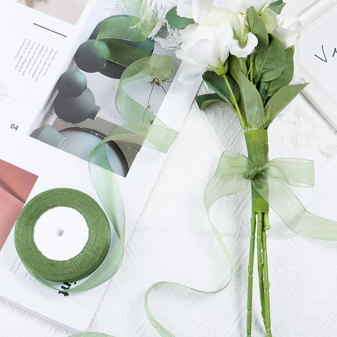 Ribbon for Gift Wrapping 3/4 inch Sage Green Sheer Organza Ribbon for Flower - Image 4