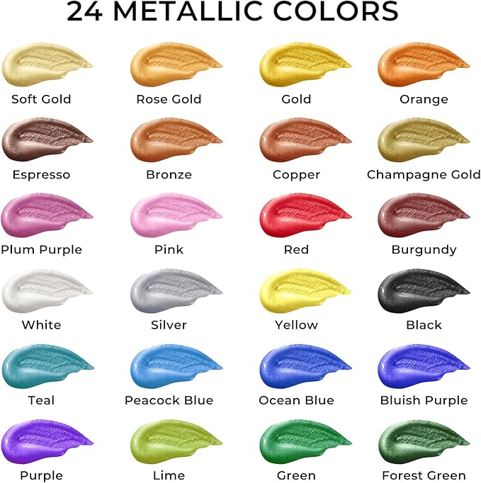 ARTME Metallic Acrylic Paint Set, 24 Metallic Colors in 2 oz/60ml Bottles - Image 2