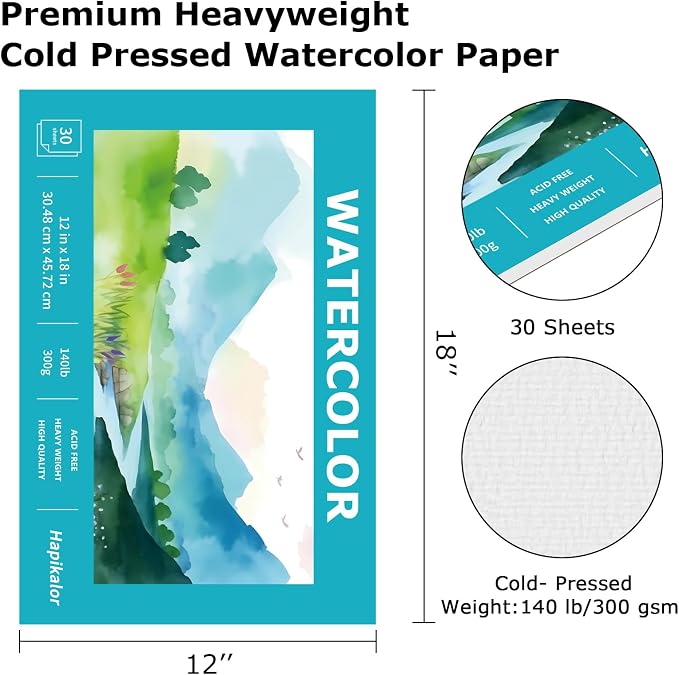 Hapikalor 12"x18" Large Watercolor Paper Pad, Art Supplies - Image 2