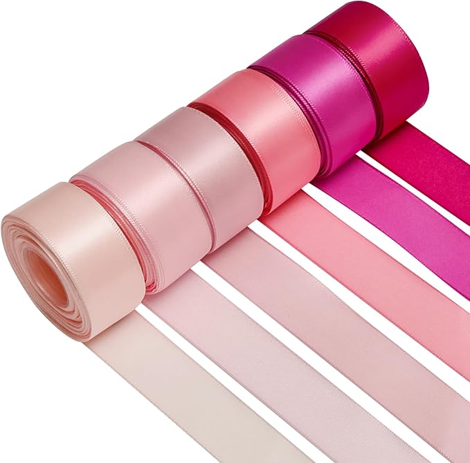1 Inch Pink Satin Ribbons for Crafts, 6 Rolls Single-Faced Pink Assorted by Jacriah