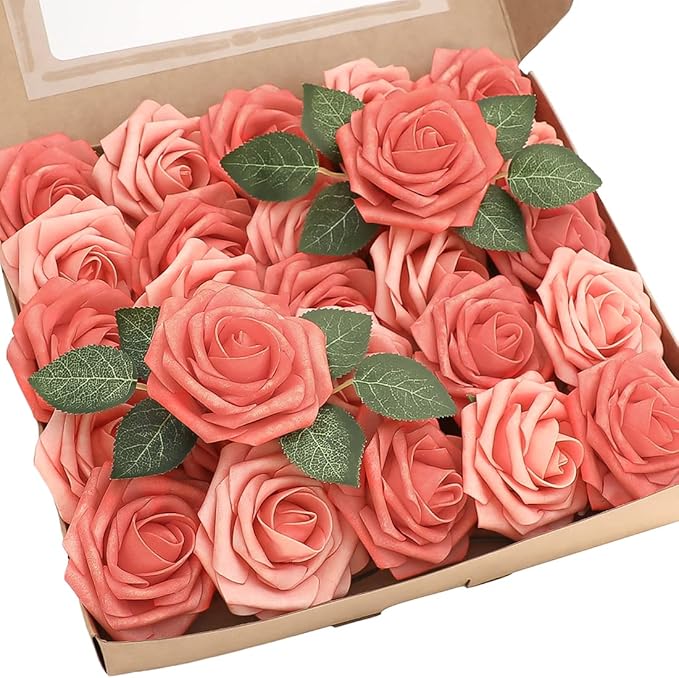 Floroom Artificial Flowers 25pcs Real Looking Mixed Living Coral Foam Fake Roses by Floroom